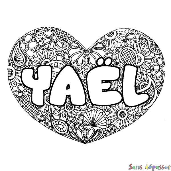 Coloriage pr&eacute;nom YA&Euml;L - d&eacute;cor Mandala coeur
