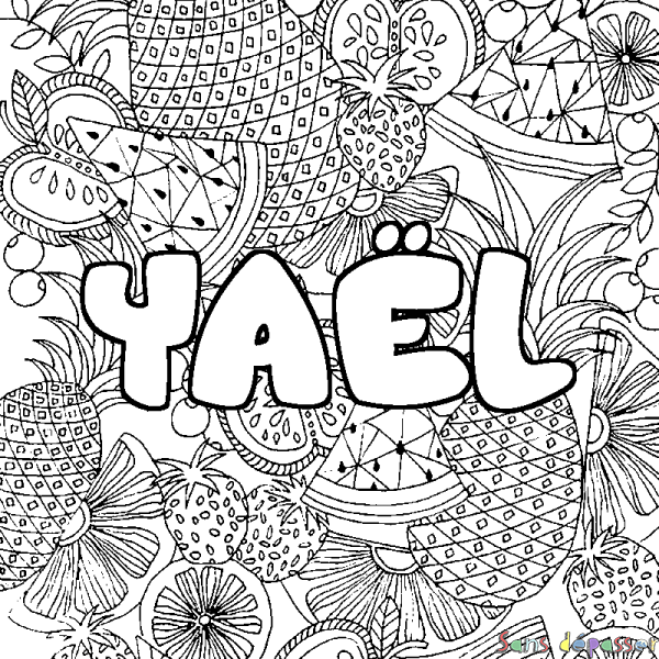 Coloriage pr&eacute;nom YA&Euml;L - d&eacute;cor Mandala fruits