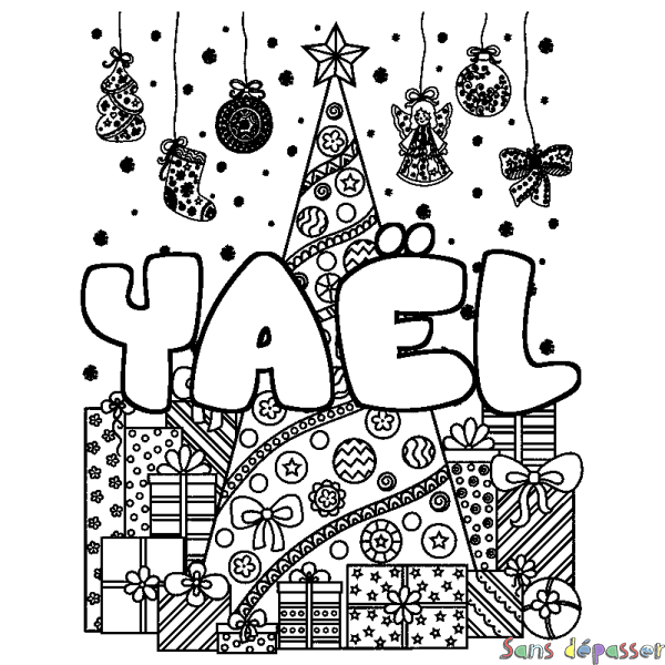 Coloriage pr&eacute;nom YA&Euml;L - d&eacute;cor Sapin et Cadeaux