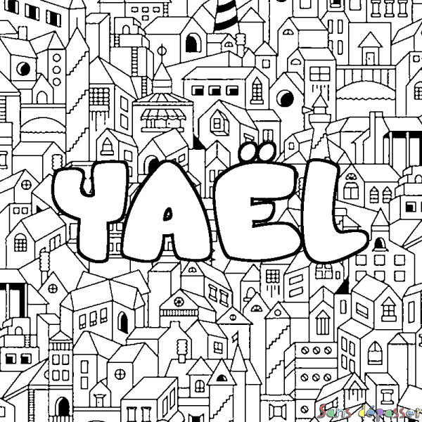 Coloriage pr&eacute;nom YA&Euml;L - d&eacute;cor Ville
