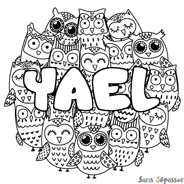 Coloriage pr&eacute;nom YAEL - d&eacute;cor Chouettes