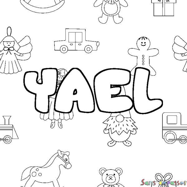 Coloriage pr&eacute;nom YAEL - d&eacute;cor Jouets