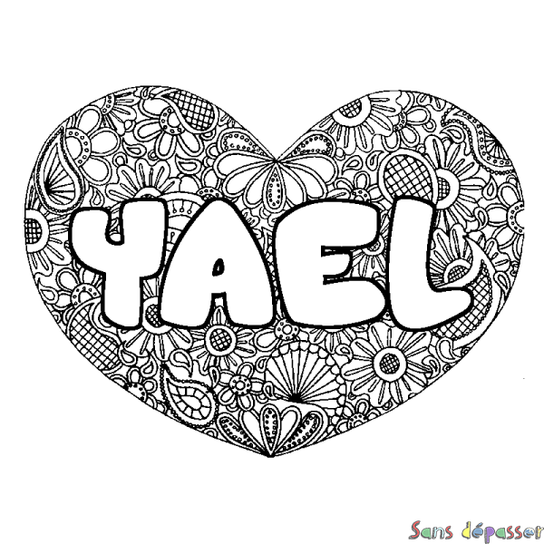 Coloriage pr&eacute;nom YAEL - d&eacute;cor Mandala coeur
