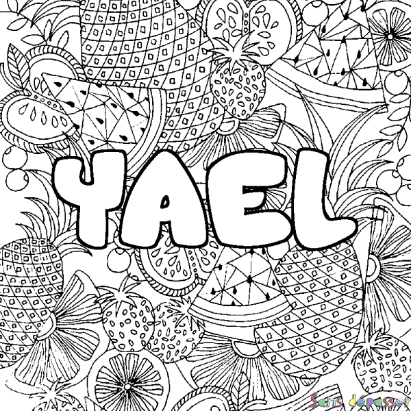 Coloriage pr&eacute;nom YAEL - d&eacute;cor Mandala fruits