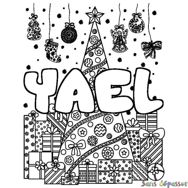 Coloriage pr&eacute;nom YAEL - d&eacute;cor Sapin et Cadeaux