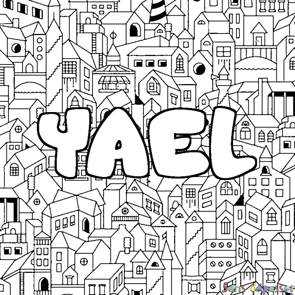 Coloriage pr&eacute;nom YAEL - d&eacute;cor Ville