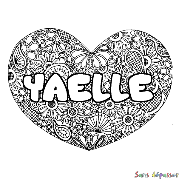 Coloriage pr&eacute;nom YAELLE - d&eacute;cor Mandala coeur