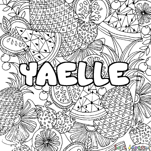 Coloriage pr&eacute;nom YAELLE - d&eacute;cor Mandala fruits