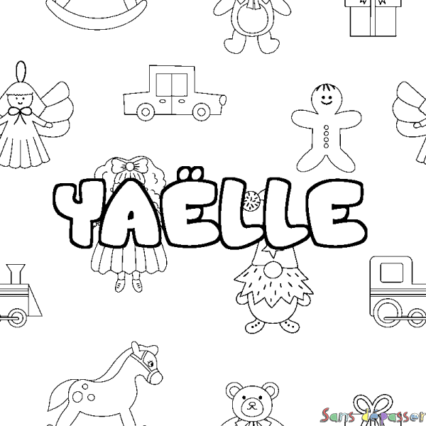 Coloriage pr&eacute;nom YA&Euml;LLE - d&eacute;cor Jouets