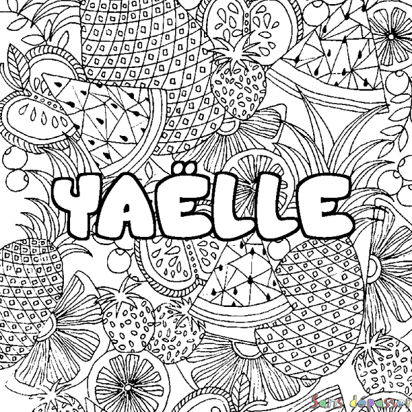 Coloriage pr&eacute;nom YA&Euml;LLE - d&eacute;cor Mandala fruits