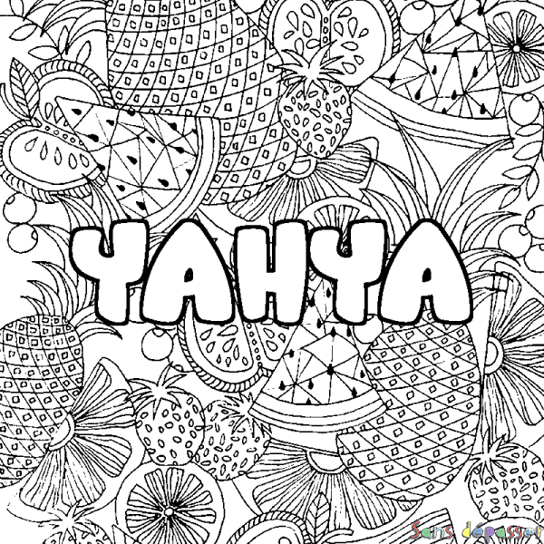 Coloriage prénom YAHYA - d&eacute;cor Mandala fruits