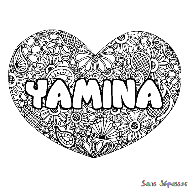 Coloriage prénom YAMINA - d&eacute;cor Mandala coeur
