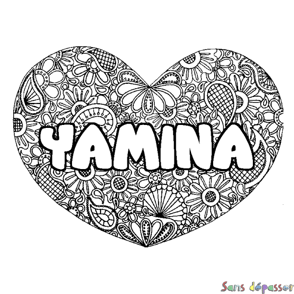 Coloriage pr&eacute;nom YAMINA - d&eacute;cor Mandala coeur