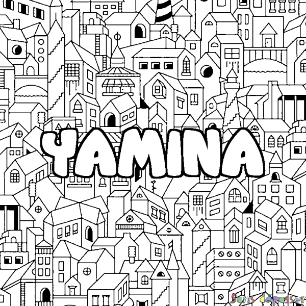 Coloriage prénom YAMINA - d&eacute;cor Ville