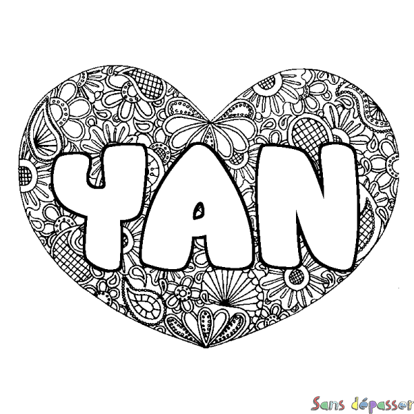 Coloriage pr&eacute;nom YAN - d&eacute;cor Mandala coeur