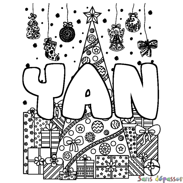 Coloriage pr&eacute;nom YAN - d&eacute;cor Sapin et Cadeaux