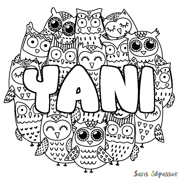 Coloriage pr&eacute;nom YANI - d&eacute;cor Chouettes