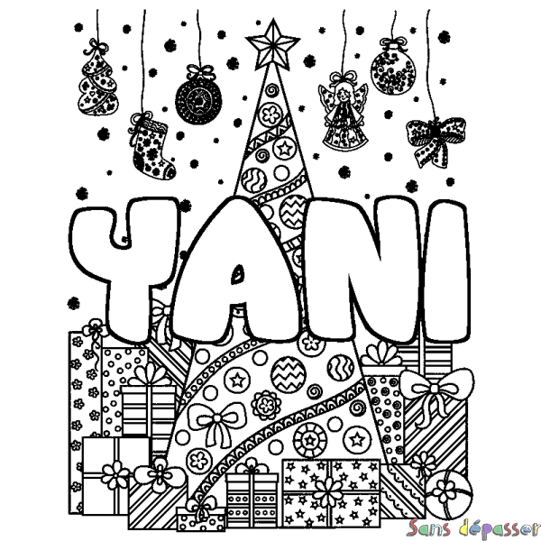 Coloriage prénom YANI - d&eacute;cor Sapin et Cadeaux
