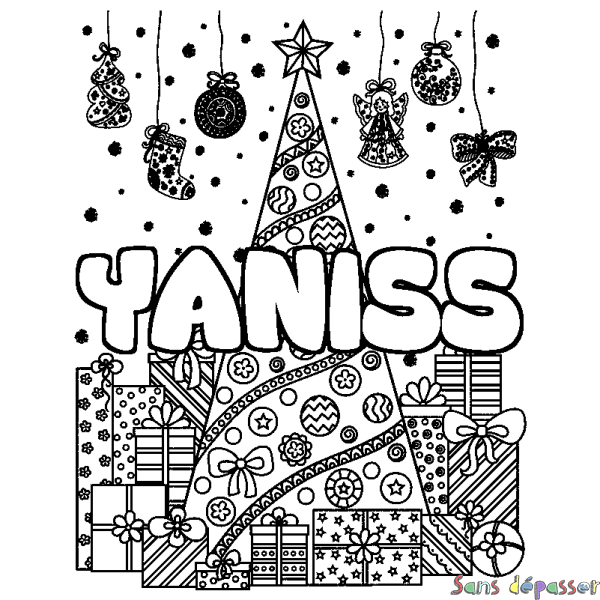 Coloriage prénom YANISS - d&eacute;cor Sapin et Cadeaux