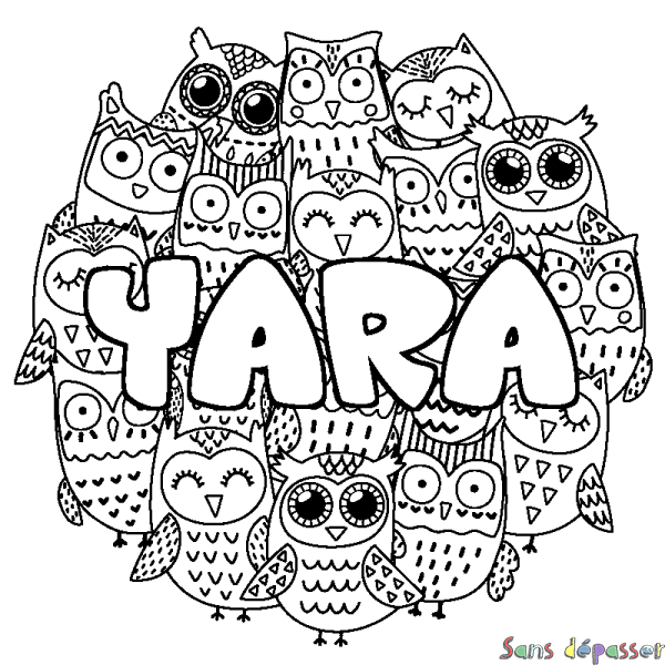 Coloriage pr&eacute;nom YARA - d&eacute;cor Chouettes