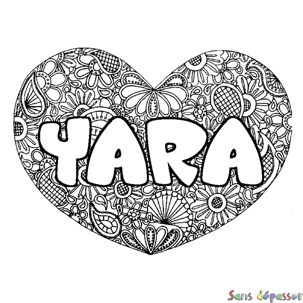 Coloriage pr&eacute;nom YARA - d&eacute;cor Mandala coeur