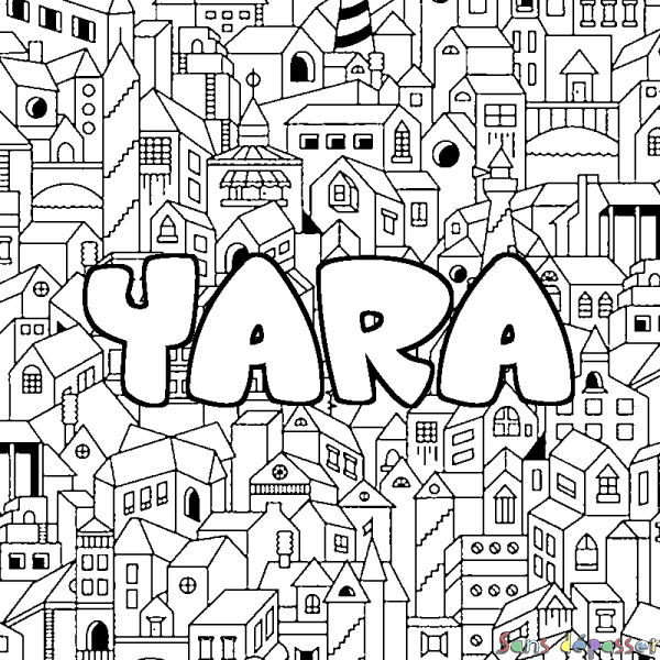 Coloriage pr&eacute;nom YARA - d&eacute;cor Ville
