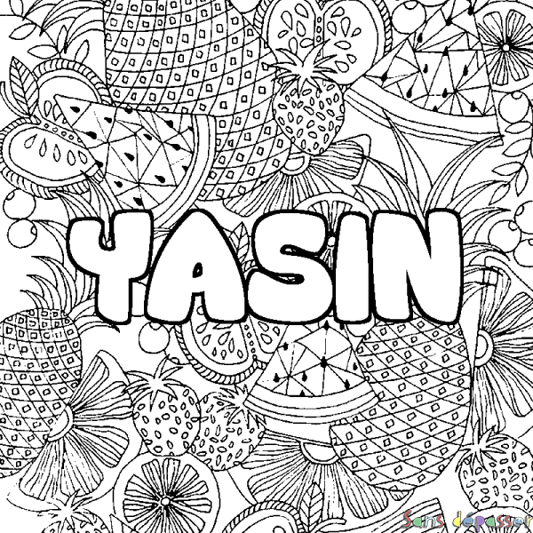 Coloriage pr&eacute;nom YASIN - d&eacute;cor Mandala fruits