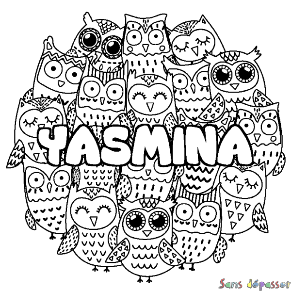 Coloriage pr&eacute;nom YASMINA - d&eacute;cor Chouettes