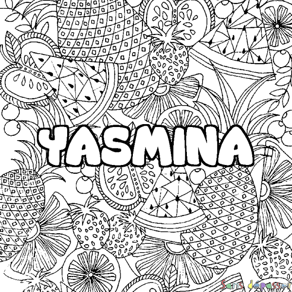 Coloriage prénom YASMINA - d&eacute;cor Mandala fruits