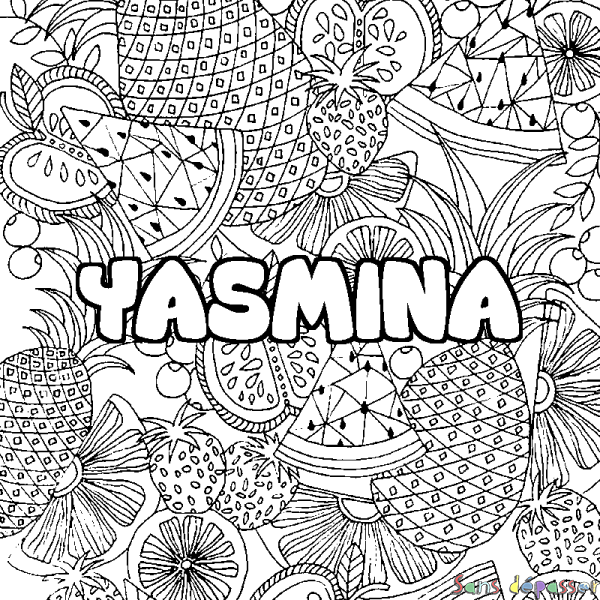 Coloriage pr&eacute;nom YASMINA - d&eacute;cor Mandala fruits
