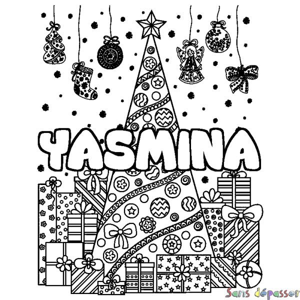 Coloriage pr&eacute;nom YASMINA - d&eacute;cor Sapin et Cadeaux