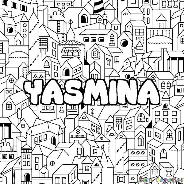 Coloriage pr&eacute;nom YASMINA - d&eacute;cor Ville
