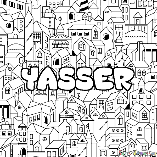 Coloriage pr&eacute;nom YASSER - d&eacute;cor Ville
