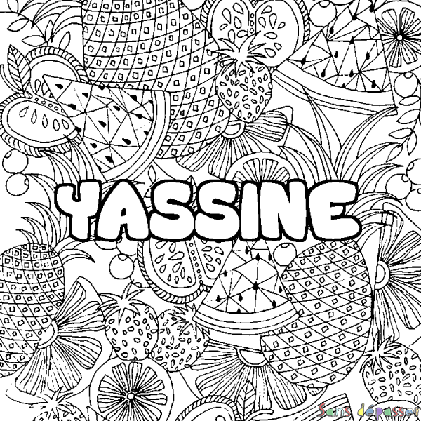 Coloriage pr&eacute;nom YASSINE - d&eacute;cor Mandala fruits