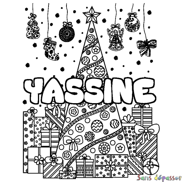 Coloriage pr&eacute;nom YASSINE - d&eacute;cor Sapin et Cadeaux
