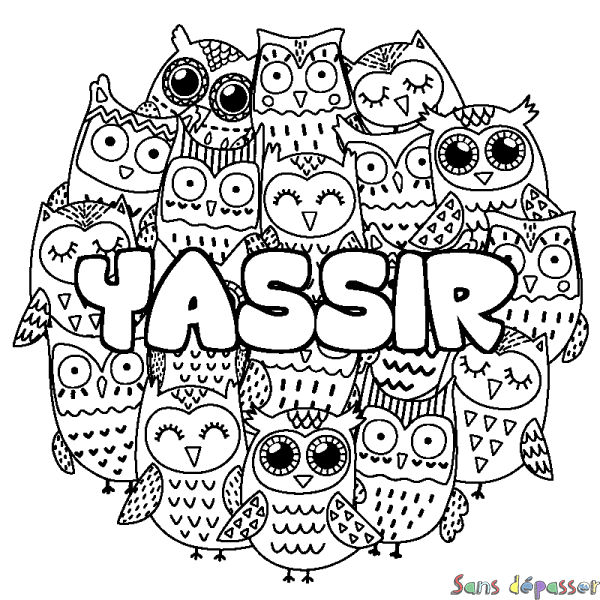 Coloriage pr&eacute;nom YASSIR - d&eacute;cor Chouettes