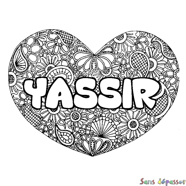 Coloriage pr&eacute;nom YASSIR - d&eacute;cor Mandala coeur