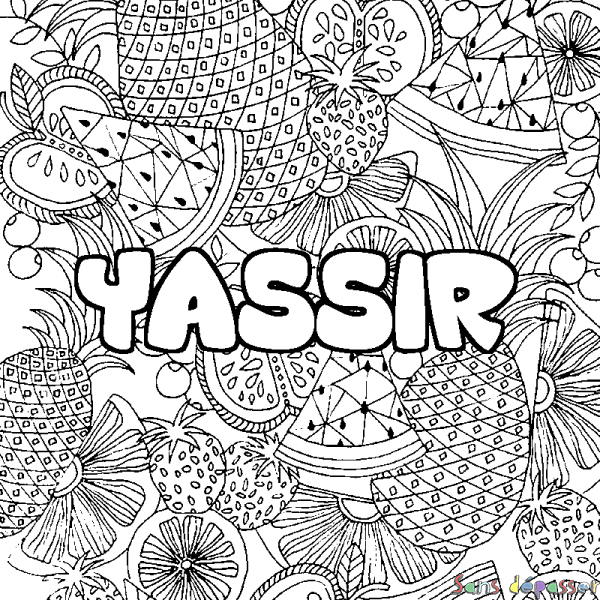 Coloriage pr&eacute;nom YASSIR - d&eacute;cor Mandala fruits