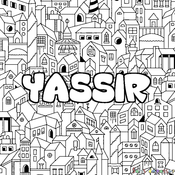 Coloriage pr&eacute;nom YASSIR - d&eacute;cor Ville