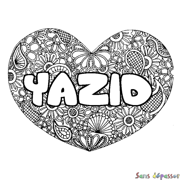 Coloriage prénom YAZID - d&eacute;cor Mandala coeur