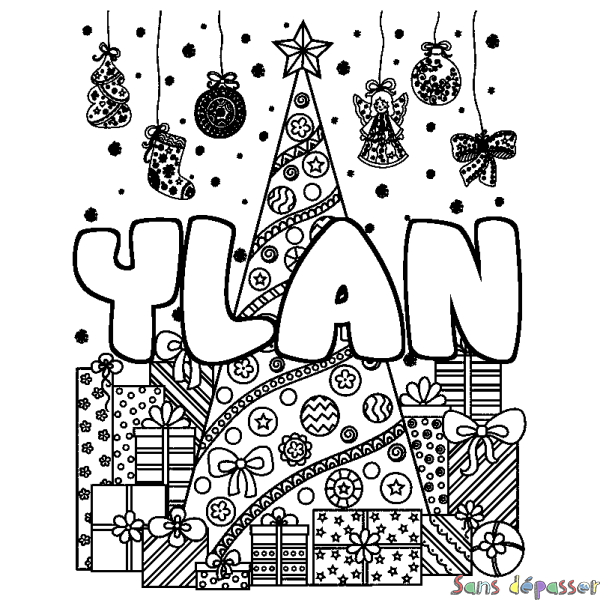 Coloriage prénom YLAN - d&eacute;cor Sapin et Cadeaux