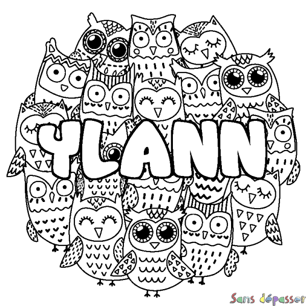 Coloriage pr&eacute;nom YLANN - d&eacute;cor Chouettes