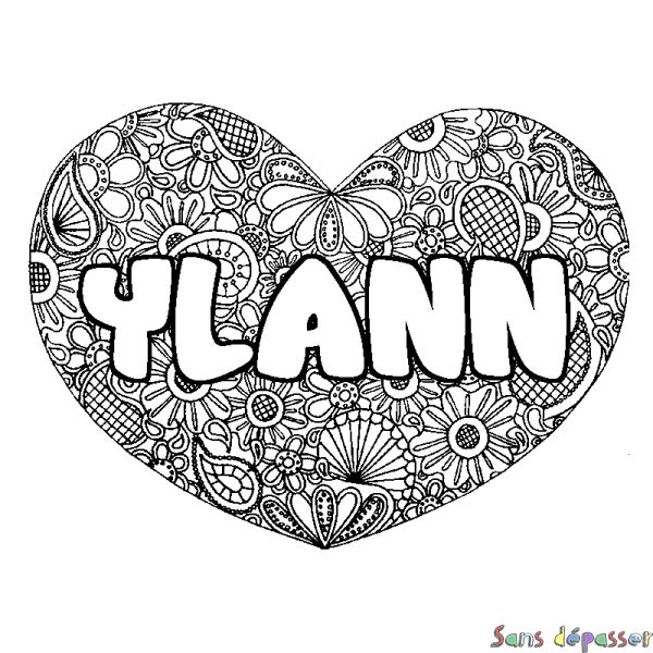 Coloriage pr&eacute;nom YLANN - d&eacute;cor Mandala coeur