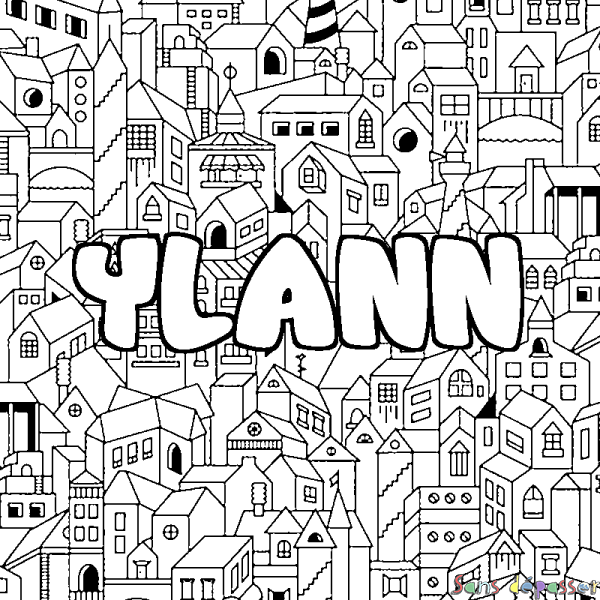 Coloriage pr&eacute;nom YLANN - d&eacute;cor Ville