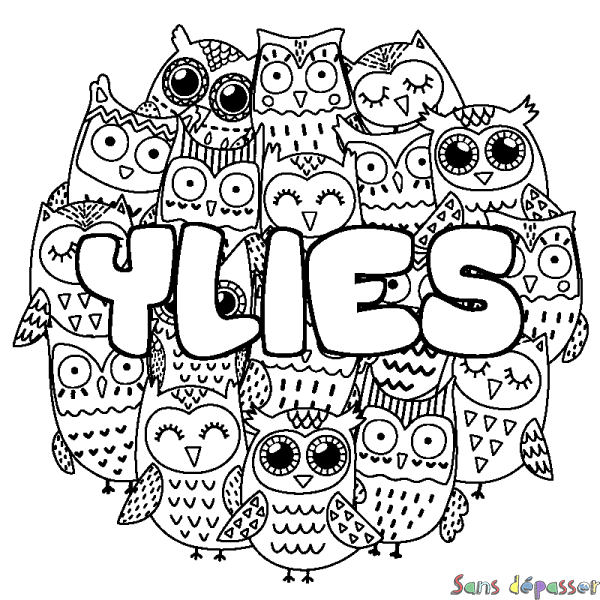 Coloriage pr&eacute;nom YLIES - d&eacute;cor Chouettes