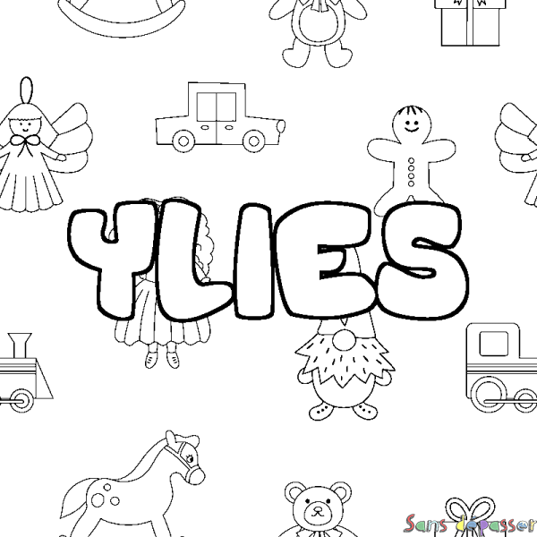 Coloriage pr&eacute;nom YLIES - d&eacute;cor Jouets