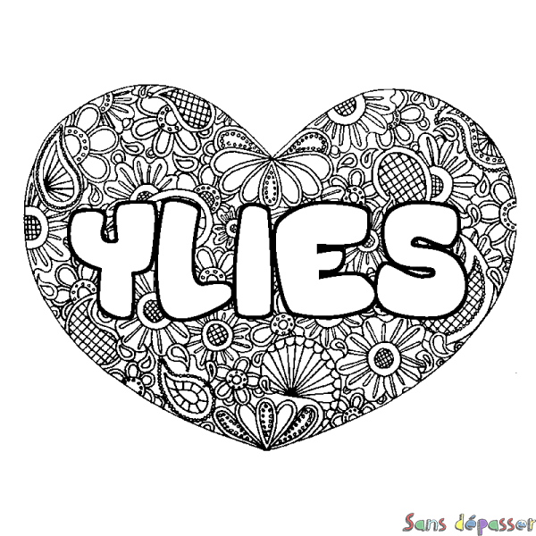 Coloriage pr&eacute;nom YLIES - d&eacute;cor Mandala coeur