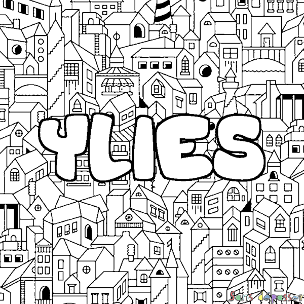 Coloriage pr&eacute;nom YLIES - d&eacute;cor Ville