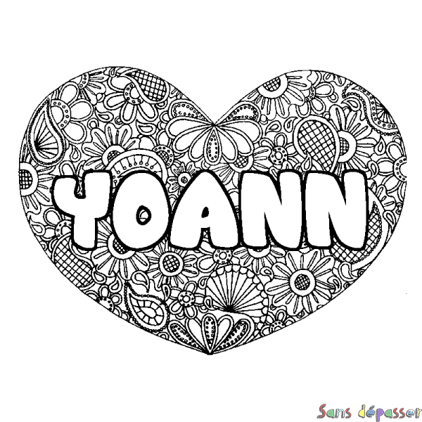 Coloriage pr&eacute;nom YOANN - d&eacute;cor Mandala coeur