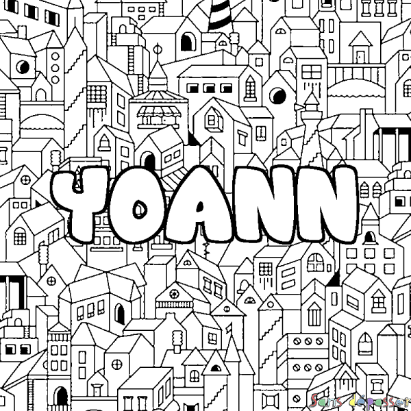 Coloriage pr&eacute;nom YOANN - d&eacute;cor Ville
